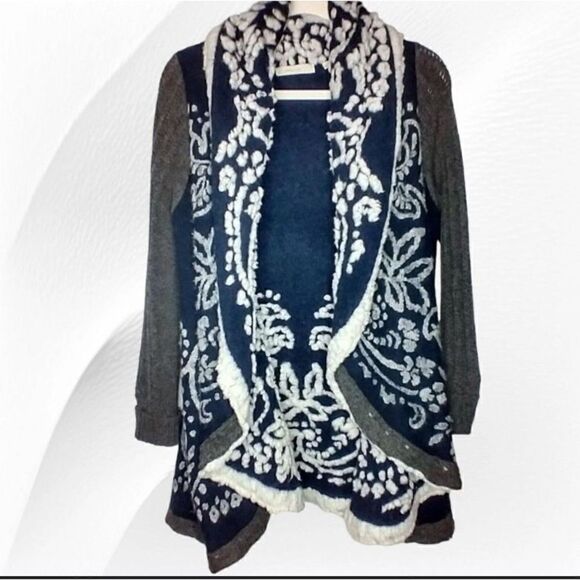 Anthropologie Sleeping on Snow Navy White Gray Open Cardigan Sweater - Picture 1 of 10
